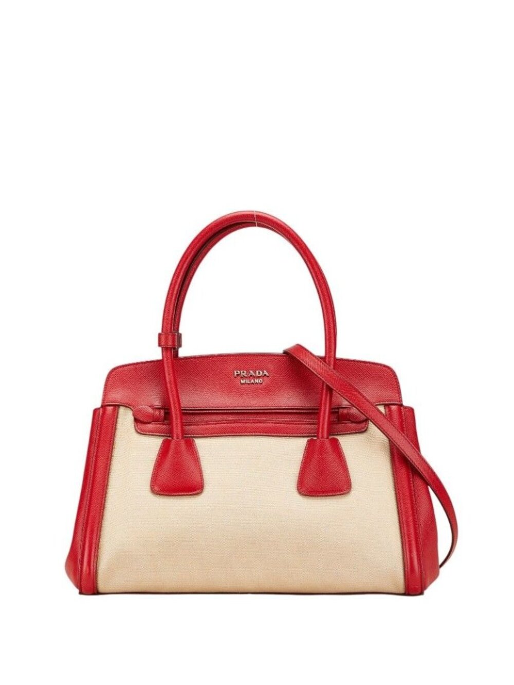 Prada Saffiano Canapa 2-Way Shoulder Bag Beige Red Canvas Leather